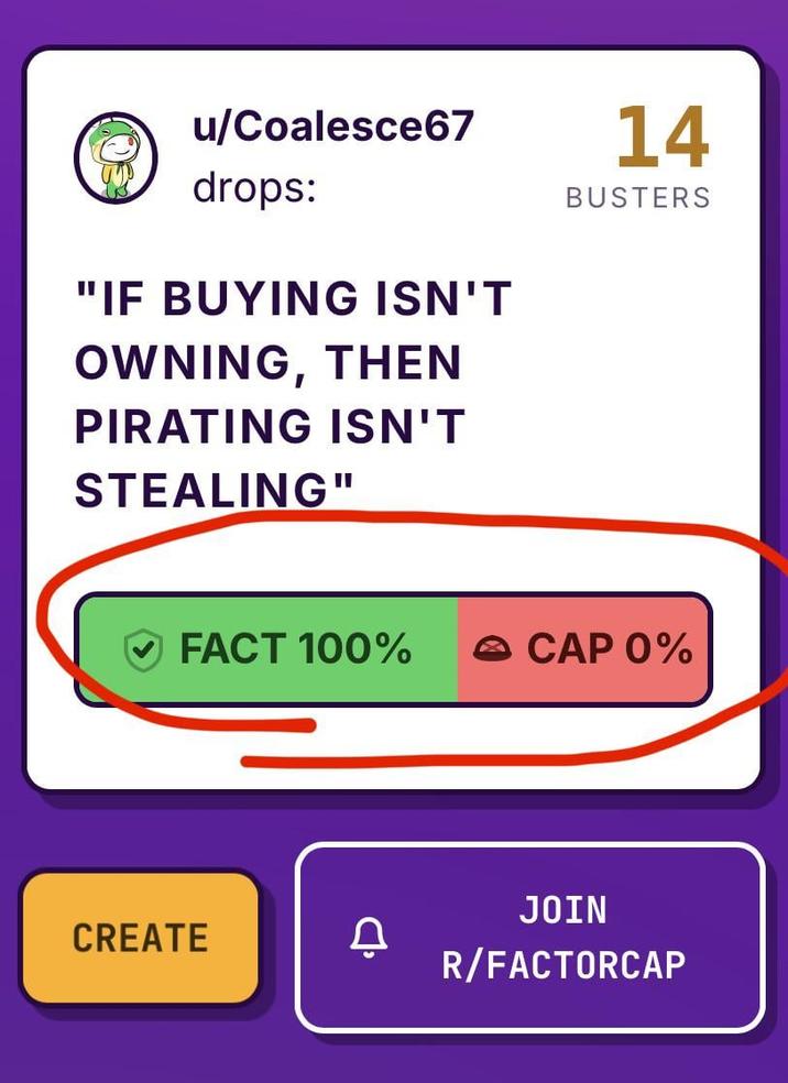 2 u/Coalesce67 drops: "IF BUYING ISN'T OWNING, THEN PIRATING ISN'T STEALING" 14 BUSTERS FACT 100% → CAP 0% JOIN CREATE A R/FACTORCAP