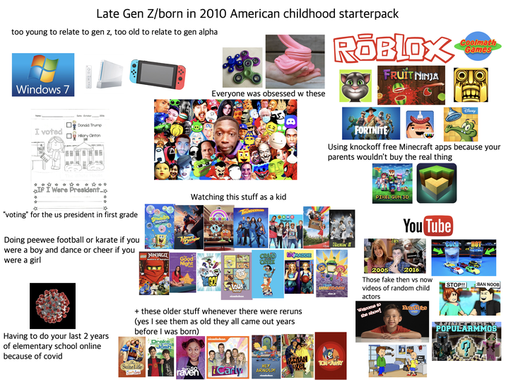 Late Gen Z/born in 2010 American childhood starterpack too young to relate to gen z, too old to relate to gen alpha Windows 7 Everyone was obsessed w these ROBLOX FRUIT NINJA Coolmath Games 間 DISNEY Name: Date: October, I voted Donald Trump Hillary Clinton BALLOT 2016 The White House **** If I Were President...>>> Dislike B FORTNITE ww Using knockoff free Minecraft apps because your parents wouldn't buy the real thing * རི་ "voting" for the us president in first grade Doing peewee football or karate if you were a boy and dance or cheer if you were a girl PongeBo SQUAREPANTS Watching this stuff as a kid Jenry a LEGO NINJAGO Masters of Spinjitzu Good Night Show CN WORLD OF GUMBALL THUNDERMANS GAME Shakers JESSIE PIXEL GUN SD Zoev DENEY Kickin' iT CRAIC CREEK LIV MADDIE You Tube censored LOUD HOUSE nickelodeon Having to do your last 2 years of elementary school online because of covid + these older stuff whenever there were reruns (yes I see them as old they all came out years before I was born) Drake Josh nickelodeon The Suite Life Zack Cody TEAM Umizoomi 2005 2016 Those fake then vs now videos of random child nick jr. actors Welcome to the show! EvanTube HD that's SO raven iCarly HEY ARNOLD! REMAN &Kel TOM JERRY nickelodeon GoAnimate FOR SCHOOLS NEWT evantubehd.com Nice Video COLD HOT STOP!! :BAN NOOB о POPULARMMOS