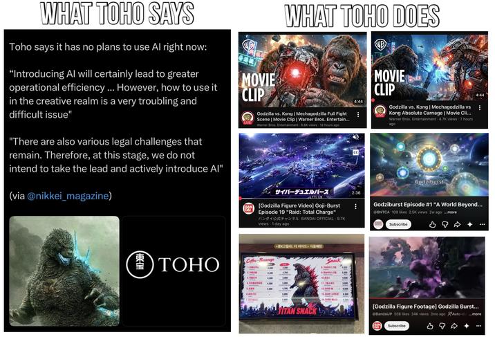 4:44 WHAT TOHO SAYS Toho says it has no plans to use Al right now: "Introducing Al will certainly lead to greater operational efficiency ... However, how to use it in the creative realm is a very troubling and difficult issue" "There are also various legal challenges that remain. Therefore, at this stage, we do not intend to take the lead and actively introduce Al" (via @nikkei_magazine) MOVIE CLIP LIVE WHAT TOHO DOES Godzilla vs. Kong | Mechagodzilla Full Fight B Scene | Movie Clip | Warner Bros. Entertain... Warner Bros. Entertainment 6.6K views 12 hours ago 4:44 MOVIE CLIP LIVE Godzilla vs. Kong | Mechagodzilla vs Kong Absolute Carnage | Movie Cli... Warner Bros. Entertainment 4.7K views 7 hours ago サイバーデュエルバース 2:36 Godziburst HOK CHA BAN DAI [Godzilla Figure Video] Goji-Burst Episode 19 "Raid: Total Charge" バンダイ公式チャンネル BANDAI OFFICIAL 9.7K views 1 day ago Godziburst Episode #1 "A World Beyond... @BNTCA 109 likes 2.5K views 2w ago ...more Subscribe <콩X고질라: 더 라이드> 식음매장 TOHO Coffee Beverage Snack ICE 1.아메리카노 3,500 4,300 8. 구슬아이스크림 2. 카롤라를 4,200 4,700 5,000 3.카페모카 4.500 5.000 10. 츄러스 4,500 4. 카라멜마끼아또 11.그림소세지 5,000 5.389 3,500 12.타이탄 팡 6,500 6. 아이스티 5,000 13.타이탄 소프트콘 6.500 14. 타이탄 에너지 6,500 A TITAN SNACK [Godzilla Figure Footage] Godzilla Burst... @BandaiJP 558 likes 34K views 3mo ago Auto-dul ...more BAN DAI Subscribe