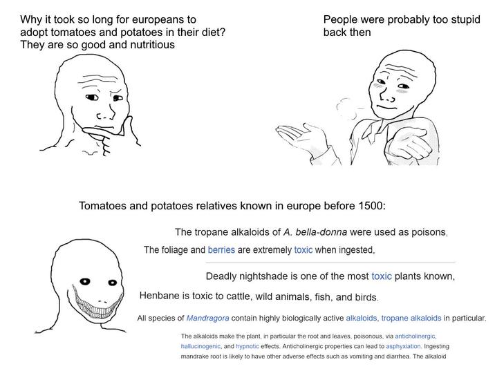 Why it took so long for europeans to adopt tomatoes and potatoes in their diet? They are so good and nutritious People were probably too stupid back then Tomatoes and potatoes relatives known in europe before 1500: The tropane alkaloids of A. bella-donna were used as poisons, The foliage and berries are extremely toxic when ingested, Deadly nightshade is one of the most toxic plants known, Henbane is toxic to cattle, wild animals, fish, and birds. All species of Mandragora contain highly biologically active alkaloids, tropane alkaloids in particular. The alkaloids make the plant, in particular the root and leaves, poisonous, via anticholinergic, hallucinogenic, and hypnotic effects. Anticholinergic properties can lead to asphyxiation. Ingesting mandrake root is likely to have other adverse effects such as vomiting and diarrhea. The alkaloid