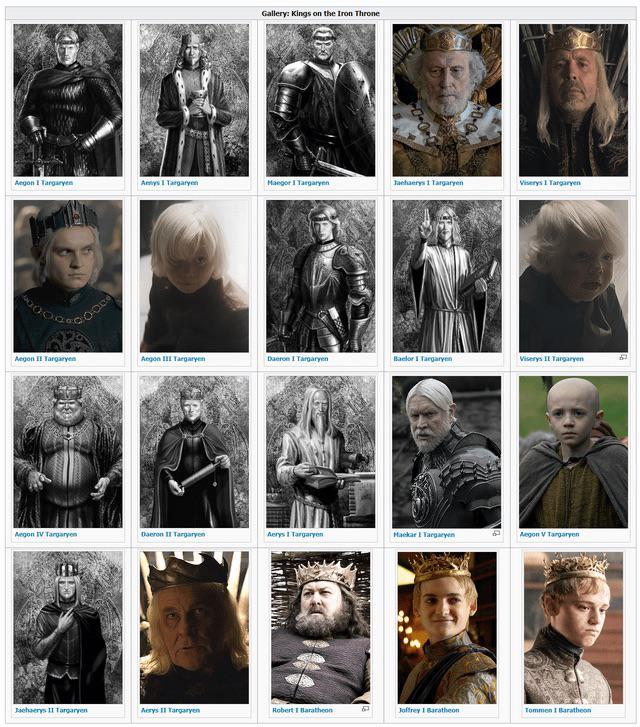 Gallery: Kings on the Iron Throne Aegon I Targaryen Amys Targaryen Hangor I Targaryen Jaehaerys 1 Targaryen Viserys 1 Targaryen Aegon II Targaryen Aegon III Targaryen Daeron I Targaryen Baelor I Targaryen Viserys II Targaryen Aegon IV Targaryen Daeron II Targaryen Aerys Targaryen Mackar Targaryen Aegon V Targaryen Jaehaerys II Targaryen Aerys II Targaryen Robert I Baratheon & Joffrey 1 Baratheon Tommen I Baratheon