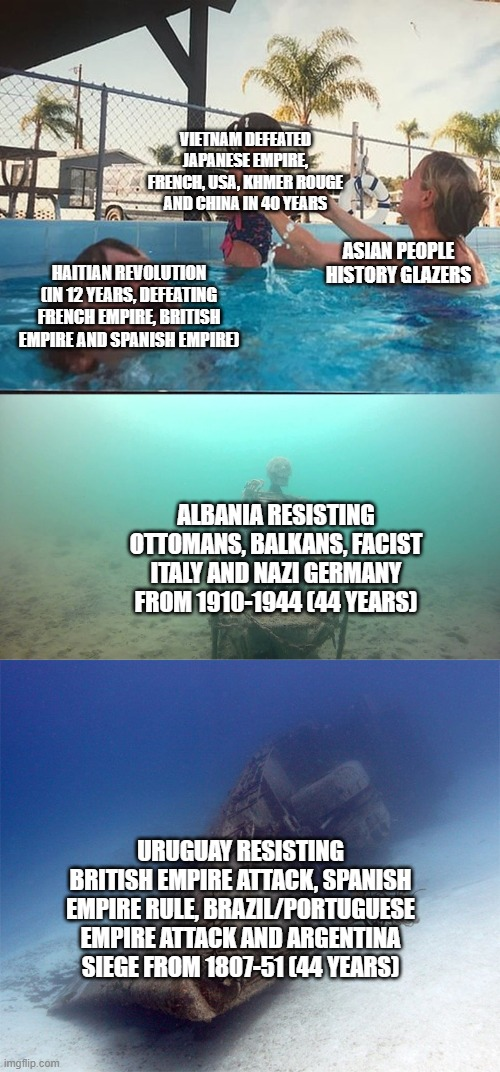 VIETNAM DEFEATED JAPANESE EMPIRE, FRENCH, USA, KHMER ROUGE AND CHINA IN 40 YEARS ASIAN PEOPLE HISTORY GLAZERS HAITIAN REVOLUTION CIN 12 YEARS, DEFEATING FRENCH EMPIRE, BRITISH EMPIRE AND SPANISH EMPIRE imgflip.com ALBANIA RESISTING OTTOMANS, BALKANS, FACIST ITALY AND NAZI GERMANY FROM 1910-1944 (44 YEARS) URUGUAY RESISTING BRITISH EMPIRE ATTACK, SPANISH EMPIRE RULE, BRAZIL/PORTUGUESE EMPIRE ATTACK AND ARGENTINA SIEGE FROM 1807-51 (44 YEARS)