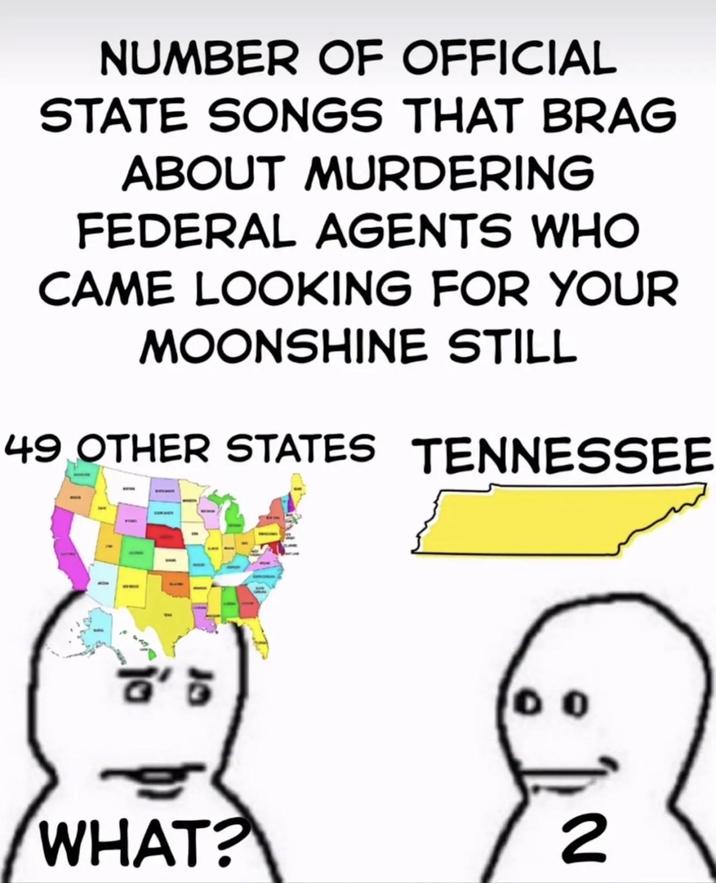 NUMBER OF OFFICIAL STATE SONGS THAT BRAG ABOUT MURDERING FEDERAL AGENTS WHO CAME LOOKING FOR YOUR MOONSHINE STILL 49 OTHER STATES TENNESSEE 8' 1 WHAT? 2