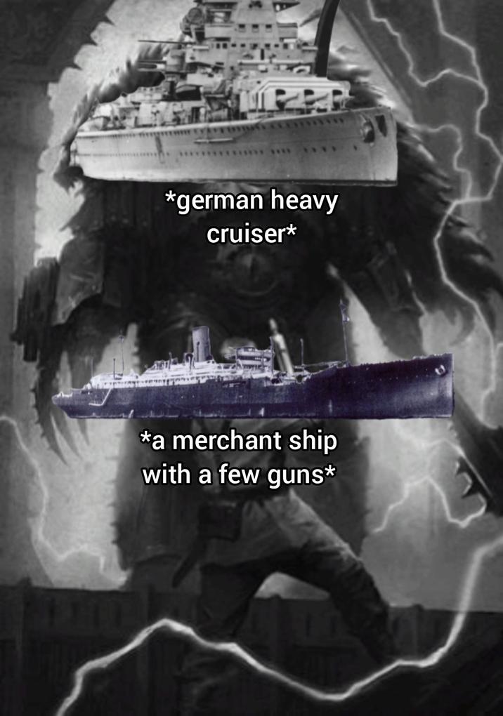 *german heavy cruiser* *a merchant ship with a few guns*