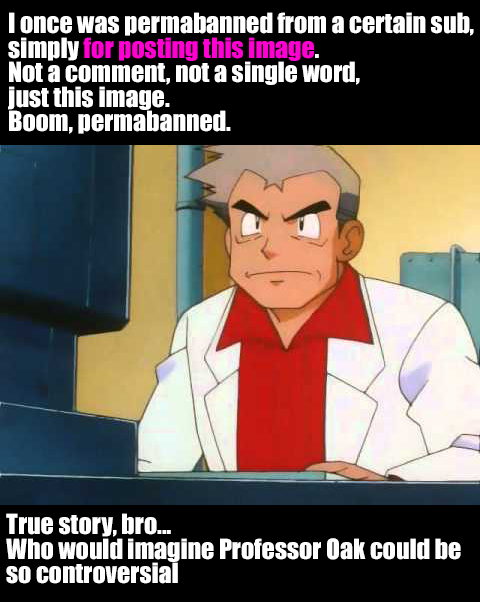 I once was permabanned from a certain sub, simply for posting this image. Not a comment, not a single word, just this image. Boom, permabanned. True story, bro... Who would imagine Professor Oak could be so controversial