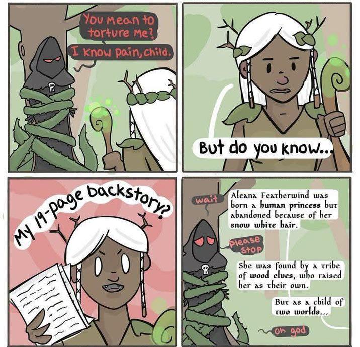 You Mean to torture Me? I know pain, child. But do you know... backstory? wait My 19-page Aleana Featherwind was born a human princess but abandoned because of ber snow white hair. Please Stop She was found by a tribe of wood elves, who raised her as their own. But as a child of Two worlds... Oh god