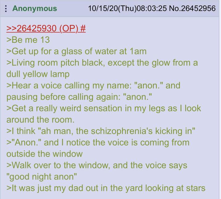 Anonymous >>26425930 (OP) # >Be me 13 10/15/20(Thu)08:03:25 No.26452956 >Get up for a glass of water at 1am >Living room pitch black, except the glow from a dull yellow lamp >Hear a voice calling my name: "anon." and pausing before calling again: "anon." >Get a really weird sensation in my legs as I look around the room. >I think "ah man, the schizophrenia's kicking in" >"Anon." and I notice the voice is coming from outside the window >Walk over to the window, and the voice says. "good night anon" >It was just my dad out in the yard looking at stars