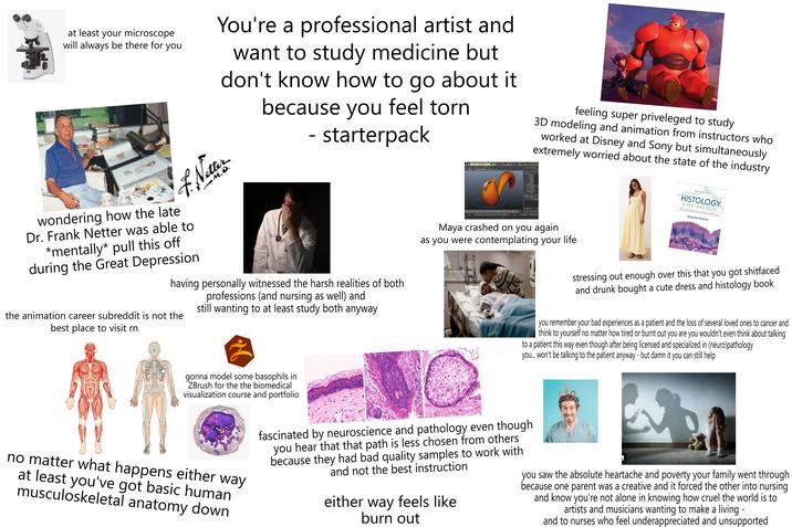 at least your microscope will always be there for you You're a professional artist and want to study medicine but don't know how to go about it because you feel torn - starterpack feeling super priveleged to study 3D modeling and animation from instructors who worked at Disney and Sony but simultaneously extremely worried about the state of the industry F. Netter M.D. wondering how the late Dr. Frank Netter was able to *mentally* pull this off during the Great Depression having personally witnessed the harsh realities of both professions (and nursing as well) and still wanting to at least study both anyway the animation career subreddit is not the best place to visit rn gonna model some basophils in ZBrush for the the biomedical visualization course and portfolio NINTH EDITION HISTOLOGY A TEXT AND ATLAS With Convicted Cell and Molecular Biology Wojciech Pawlina Maya crashed on you again as you were contemplating your life stressing out enough over this that you got s-------- and drunk bought a cute dress and histology book you remember your bad experiences as a patient and the loss of several loved ones to cancer and think to yourself no matter how tired or burnt out you are you wouldn't even think about talking to a patient this way even though after being licensed and specialized in (neuro)pathology you... won't be talking to the patient anyway - but damn it you can still help no matter what happens either way at least you've got basic human musculoskeletal anatomy down fascinated by neuroscience and pathology even though you hear that that path is less chosen from others because they had bad quality samples to work with and not the best instruction either way feels like burn out you saw the absolute heartache and poverty your family went through because one parent was a creative and it forced the other into nursing and know you're not alone in knowing how cruel the world is to artists and musicians wanting to make a living - and to nurses who feel underappreciated and unsupported