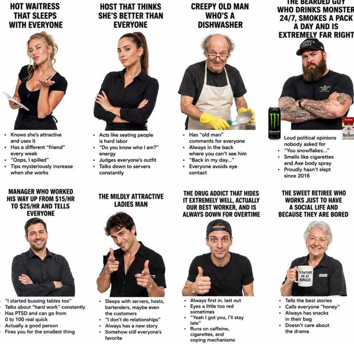 HOT WAITRESS THAT SLEEPS WITH EVERYONE HOST THAT THINKS SHE'S BETTER THAN EVERYONE CREEPY OLD MAN WHO'S A DISHWASHER THE BEARDED WHO DRINKS MONSTER 24/7, SMOKES A PACK A DAY AND IS EXTREMELY FAR RIGHT ERICA PARST ⚫ Knows she's attractive and uses it • Has a different "friend" every week "Oops, I spilled" Tips mysteriously increase when she works MANAGER WHO WORKED HIS WAY UP FROM $15/HR TO $25/HR AND TELLS EVERYONE Acts like seating people is hard labor ⚫ "Do you know who I am?" energy Judges everyone's outfit Talks down to servers constantly THE MILDLY ATTRACTIVE LADIES MAN Has "old man" comments for everyone • Always in the back where you can't see him "Back in my day..." Everyone avoids eye contact THE DRUG ADDICT THAT HIDES IT EXTREMELY WELL, ACTUALLY OUR BEST WORKER, AND IS ALWAYS DOWN FOR OVERTIME KENSTE Loud political opinions nobody asked for ⚫ "You snowflakes..." • Smells like cigarettes and Axe body spray • Proudly hasn't slept since 2016 Marlbor THE SWEET RETIREE WHO WORKS JUST TO HAVE A SOCIAL LIFE AND BECAUSE THEY ARE BORED "I started bussing tables too" -Talks about "hard work" constantly -Has PTSD and can go from 0 to 100 real quick - Actually a good person • Fires you for the smallest thing Sleeps with servers, hosts, bartenders, maybe even the customers "I don't do relationships" Always has a new story Somehow still everyone's favorite TD RATHER BE AT BINGO . Always first in, last out Eyes a little too red sometimes "Yeah I got you, I'll stay late" Runs on caffeine, cigarettes, and coping mechanisms ⚫ Tells the best stories Calls everyone "honey" • Always has snacks in their bag . Doesn't care about the drama