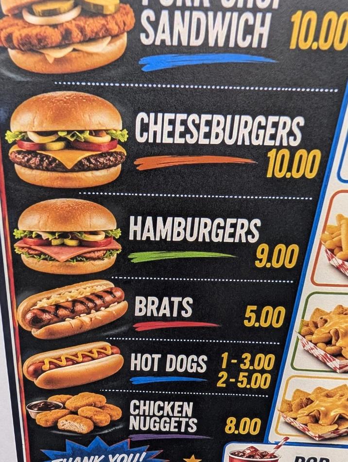 SANDWICH 10.00 CHEESEBURGERS 10.00 HAMBURGERS 9.00 BRATS 5.00 HOT DOGS 1-3.00 2-5.00 CHICKEN NUGGETS 8.00 HANK YOU! DOD