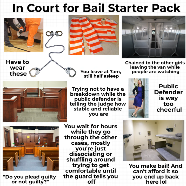 In Court for Bail Starter Pack Have to wear these "Do you plead guilty or not guilty?" You leave at 7am, still half asleep Trying not to have a breakdown while the public defender is telling the judge how stable and reliable you are You wait for hours while they go through the other cases, mostly you're just dissociating or shuffling around trying to get comfortable until the guard tells you off Chained to the other girls leaving the van while people are watching Public Defender is way too cheerful You make bail! And can't afford it so you end up back here lol
