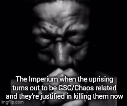 The Imperium when the uprising turns out to be GSC/Chaos related and they're justified in killing them now imgflip.com