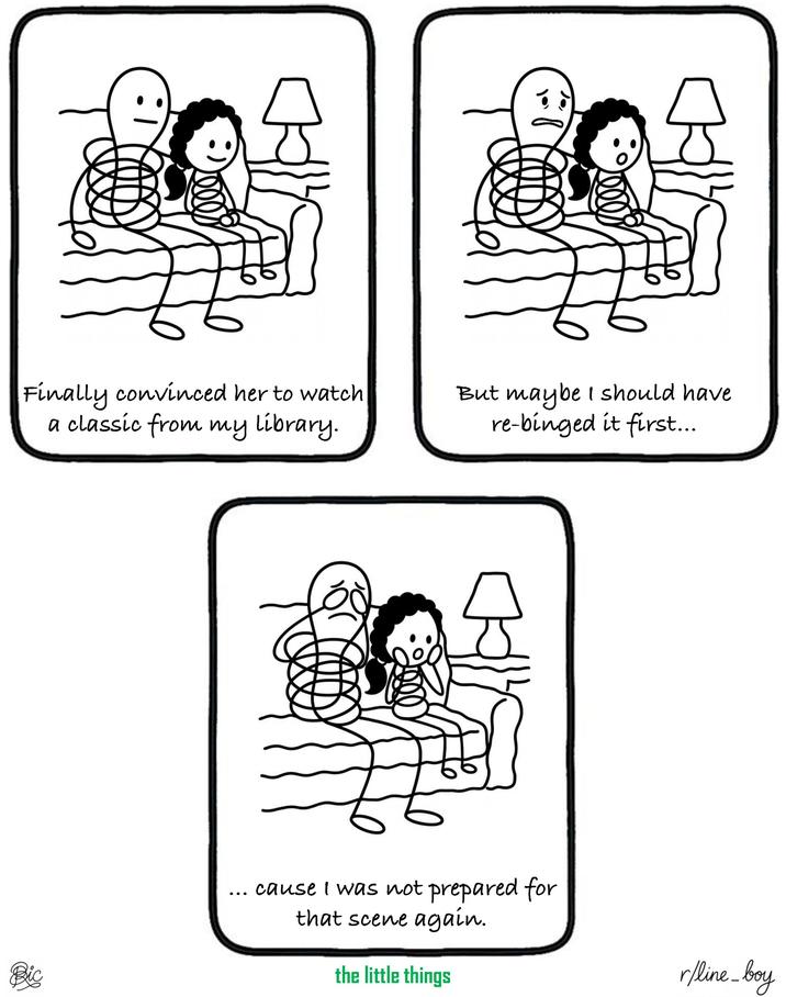 Finally convinced her to watch a classic from my library. But maybe I should have re-binged it first... Bic cause I was not prepared for that scene again. the little things r/line_boy