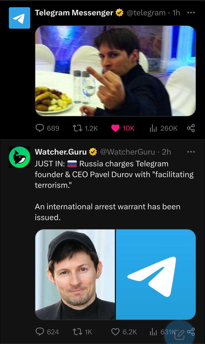 Telegram Messenger @telegram ⚫ 1h • 689 ↑ 1.2K 10K ılıl 260K Watcher.Guru @WatcherGuru • 2h JUST IN: Russia charges Telegram founder & CEO Pavel Durov with "facilitating terrorism." An international arrest warrant has been issued. 624 tz 1K 6.2K lil 631K