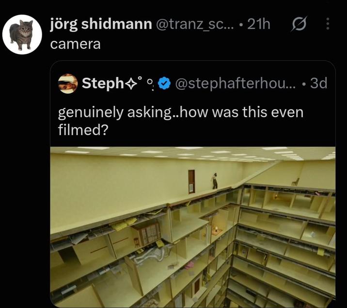 jörg shidmann @tranz_sc... • 21h camera Steph@stephafterhou....3d genuinely asking..how was this even filmed?