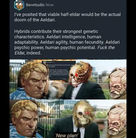 Berettadin Now I've posited that viable half-eldar would be the actual doom of the Aeldari. Hybrids contribute their strongest genetic characteristics. Aeldari intelligence, human adaptability. Aeldari agility, human fecundity. Aeldari psychic power, human psychic potential. F--- the Eldar, indeed. 'New plan!'
