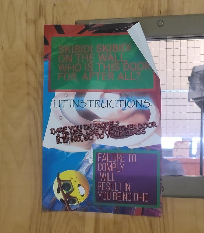 SKIBIDI SKIBIT ON THE WALL, WHO IS THIS DOOR FOR AFTER ALL? LIT INSTRUCTIONS: 1)ARE YOU IN PROPEL THE NO. TO YOUR CLASS USE THE OTHER DOOR FAILURE TO COMPLY WILL RESULT IN YOU BEING OHIO