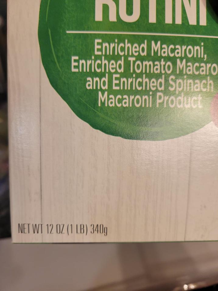 Enriched Macaroni. Enriched Tomato Macaro and Enriched Spinach Macaroni Product NET WT 12 OZ (1 LB) 340g