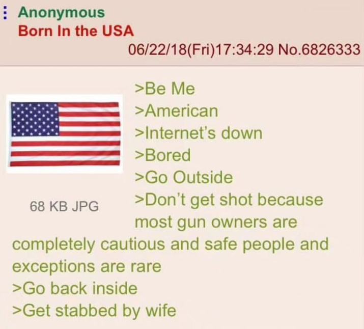 Anonymous Born In the USA 68 KB JPG 06/22/18(Fri)17:34:29 No.6826333 >Be Me >American >Internet's down >Bored >Go Outside >Don't get shot because most gun owners are completely cautious and safe people and exceptions are rare >Go back inside >Get stabbed by wife