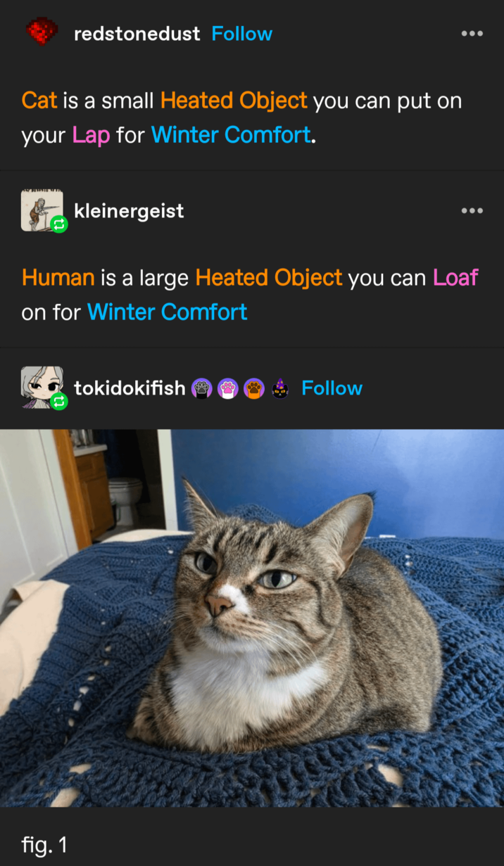 redstonedust Follow Cat is a small Heated Object you can put on your Lap for Winter Comfort. kleinergeist Human is a large Heated Object you can Loaf on for Winter Comfort fig. 1 tokidokifish * Follow