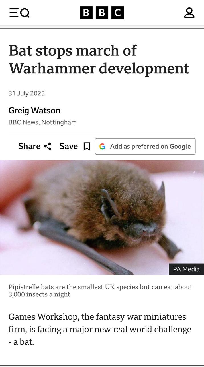 EQ BBC Bat stops march of Warhammer development 31 July 2025 Greig Watson BBC News, Nottingham Share Save ☐ G Add as preferred on Google PA Media Pipistrelle bats are the smallest UK species but can eat about 3,000 insects a night Games Workshop, the fantasy war miniatures firm, is facing a major new real world challenge - a bat. Do