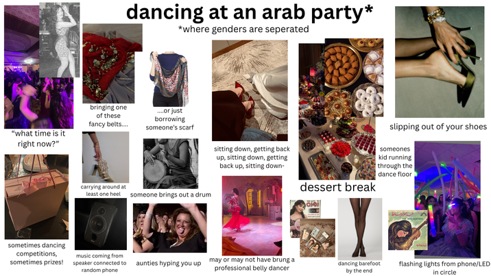 wwwwwww dancing at an arab party* *where genders are seperated "what time is it right now?" bringing one of these fancy belts.... sometimes dancing competitions, sometimes prizes! ....or just borrowing someone's scarf carrying around at least one heel someone brings out a drum sitting down, getting back up, sitting down, getting back up, sitting down- slipping out of your shoes dessert break someones kid running through the dance floor زهرة 8: لذا بيري المرابطون من متريمة music coming from speaker connected to random phone aunties hyping you up may or may not have brung a professional belly dancer dancing barefoot by the end عب الحليم حافظ PROF. ABDEL HALIM HAFEZ شيني جنان المرور flashing lights from phone/LED in circle