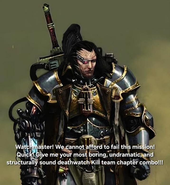 Watchmaster! We cannot afford to fail this mission! Quick! Give me your most boring, undramatic, and structurally sound deathwatch Kill team chapter combo!!!