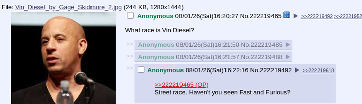 File: Vin Diesel_by_Gage_Skidmore_2.jpg (244 KB, 1280x1444) Anonymous 08/01/26(Sat) 16:20:27 No.222219465 | What race is Vin Diesel? Anonymous 08/01/26(Sat) 16:21:50 No.222219485 >> Anonymous 08/01/26(Sat) 16:21:57 No.222219488 Anonymous 08/01/26(Sat) 16:22:16 No.222219492 >> >>222219465 (OP) Street race. Haven't you seen Fast and Furious? >>222219492 >>22221952 >>222219618