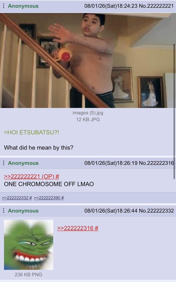 Anonymous 08/01/26(Sat) 18:24:23 No.222222221 >HOI ETSUBATSU?! images (5).jpg 12 KB JPG What did he mean by this? Anonymous >>222222221 (OP) # 08/01/26(Sat) 18:26:19 No.222222316 ONE CHROMOSOME OFF LMAO >>222222332 # >>222222390 # Anonymous 08/01/26(Sat) 18:26:44 No.222222332 >>222222316 # 236 KB PNG