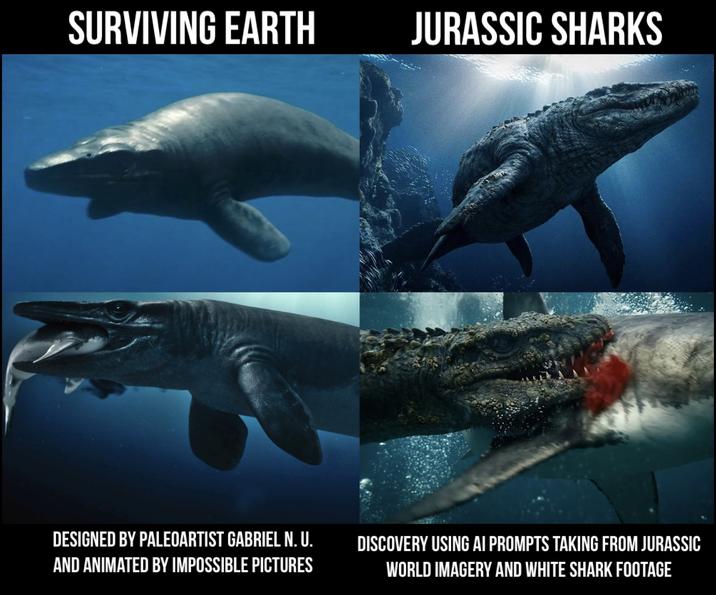SURVIVING EARTH JURASSIC SHARKS DESIGNED BY PALEOARTIST GABRIEL N. U. AND ANIMATED BY IMPOSSIBLE PICTURES DISCOVERY USING AI PROMPTS TAKING FROM JURASSIC WORLD IMAGERY AND WHITE SHARK FOOTAGE