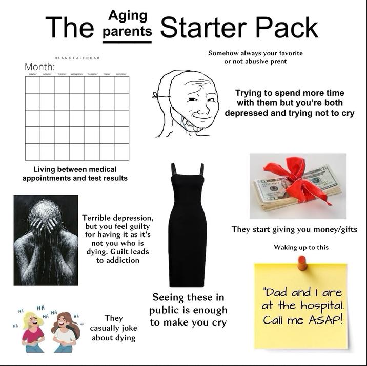 HA HA Aging The parents Starter Pack Month: BLANK CALENDAR Somehow always your favorite or not abusive prent SUNDAY MONDAY TUESDAY WEDNESDAY THURSDAY FRIDAY SATURDAY Living between medical appointments and test results HA HA HA Trying to spend more time with them but you're both depressed and trying not to cry 30 EE 28213296 E ES 28213296 E Terrible depression, but you feel guilty for having it as it's not you who is dying. Guilt leads to addiction They start giving you money/gifts Waking up to this HA HA They casually joke about dying Seeing these in public is enough to make you cry "Dad and I are at the hospital Call me ASAP!