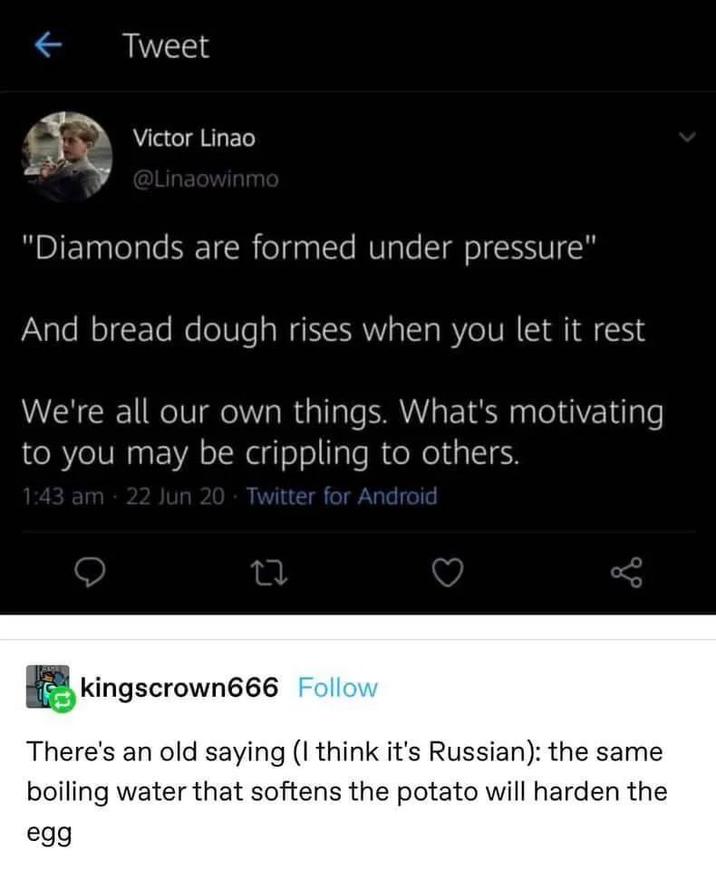 Tweet Victor Linao @Linaowinmo "Diamonds are formed under pressure" And bread dough rises when you let it rest We're all our own things. What's motivating to you may be crippling to others. 1:43 am - 22 Jun 20 Twitter for Android 27 go kingscrown666 Follow There's an old saying (I think it's Russian): the same boiling water that softens the potato will harden the egg