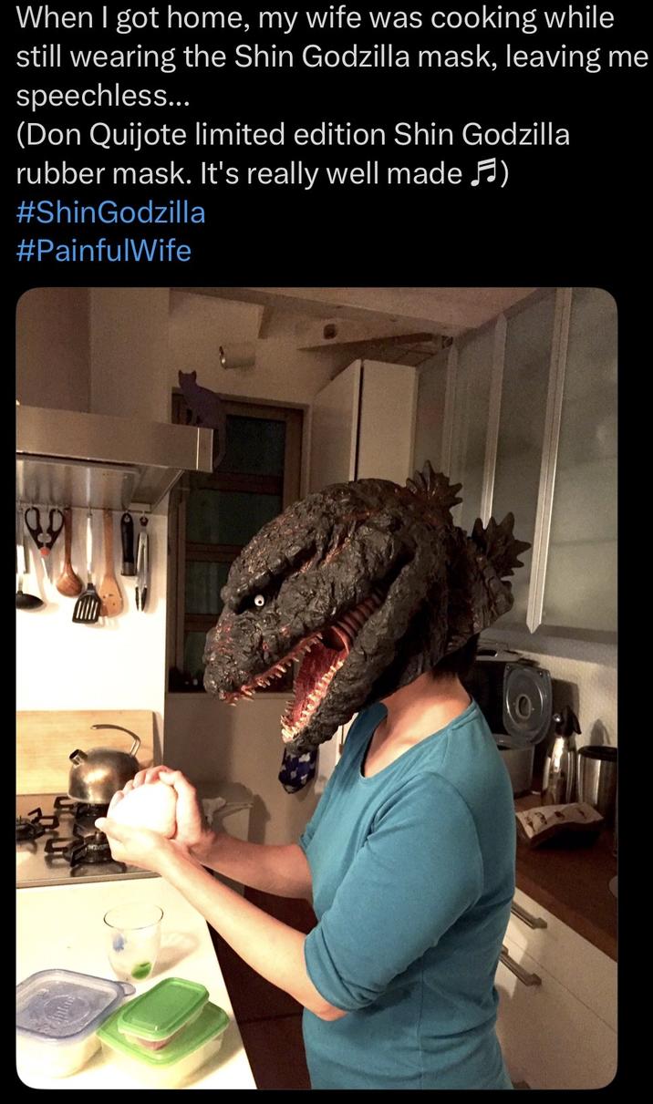 When I got home, my wife was cooking while still wearing the Shin Godzilla mask, leaving me speechless... (Don Quijote limited edition Shin Godzilla rubber mask. It's really well made ♬) #ShinGodzilla #PainfulWife