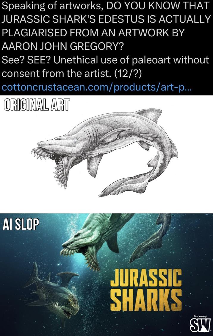 Speaking of artworks, DO YOU KNOW THAT JURASSIC SHARK'S EDESTUS IS ACTUALLY PLAGIARISED FROM AN ARTWORK BY AARON JOHN GREGORY? See? SEE? Unethical use of paleoart without consent from the artist. (12/?) cottoncrustacean.com/products/art-p... ORIGINAL ART AI SLOP JURASSIC SHARKS Discovery SW