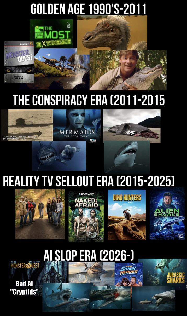 GOLDEN AGE 1990'S-2011 Animal Planet H THE MOST EME HISTORY MONSTER QUEST THE COMPLETE SEASON ONE THE CONSPIRACY ERA (2011-2015 MERMAIDS CAPE TOWN SOUTH AFRICA THE BODY FOUND 18 DECEMBER 1942 A APLANET REALITY TV SELLOUT ERA (2015-2025) Discovery PARY SCHANNEL NAKED AFRAID DINO HUNTERS MONSTER QUEST Bad Al "Cryptids" CONFRONTING NATURE-IN THE RAW ALIEN SHARKS DEATH DOWN UNDER SW AI SLOP ERA (2026-) K-POP SHARK HEROES JURASSIC SHARKS