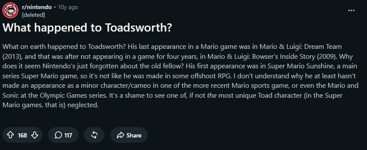A Reddit post from 2016 wondering what happened to Toadsworth. He has not appeared in a Super Mario game since 2013.