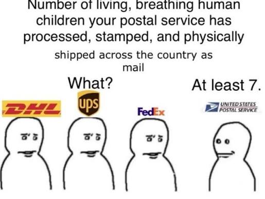 Number of living, breathing human children your postal service has processed, stamped, and physically shipped across the country as mail What? At least 7. PHL Ups UNITED STATES FedEx POSTAL SERVICE