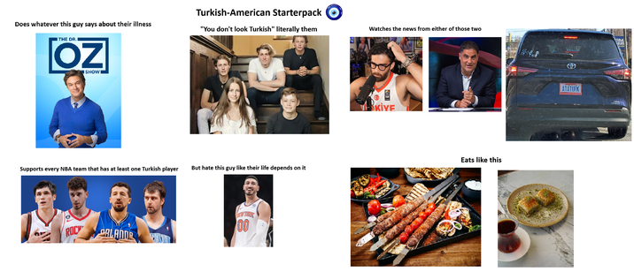 Turkish-American Starterpack Does whatever this guy says about their illness "You don't look Turkish" literally them Watches the news from either of those two THE DR. OZ I SHOW Supports every NBA team that has at least one Turkish player But hate this guy like their life depends on it ROCY CALANDR 00 FIBA MAKİYE Eats like this 22 ATATURK VIDA WA SPA POLES