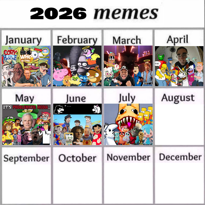 2026 memes January CORY HOUSE WHO IS THIS WHO IS HE? February March D'oh! April May June July August IT'S PROBLEMATIC MEDIA... September October November December