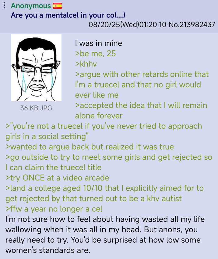 : Anonymous Are you a mentalcel in your co(...) 36 KB JPG 08/20/25(Wed)01:20:10 No.213982437 I was in mine >be me, 25 >khhv >argue with other retards online that I'm a truecel and that no girl would ever like me > accepted the idea that I will remain alone forever >"you're not a truecel if you've never tried to approach girls in a social setting" >wanted to argue back but realized it was true >go outside to try to meet some girls and get rejected so I can claim the truecel title >try ONCE at a video arcade >land a college aged 10/10 that I explicitly aimed for to get rejected by that turned out to be a khv autist >ffw a year no longer a cel I'm not sure how to feel about having wasted all my life wallowing when it was all in my head. But anons, you really need to try. You'd be surprised at how low some women's standards are.