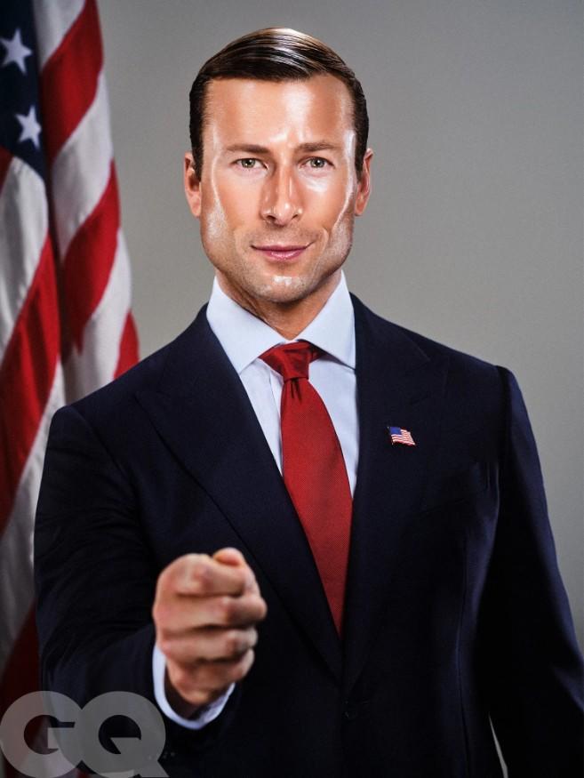 A photograph of Glen Powell where he's dressed like a U.S. President. The photo was taken for GQ in 2025.