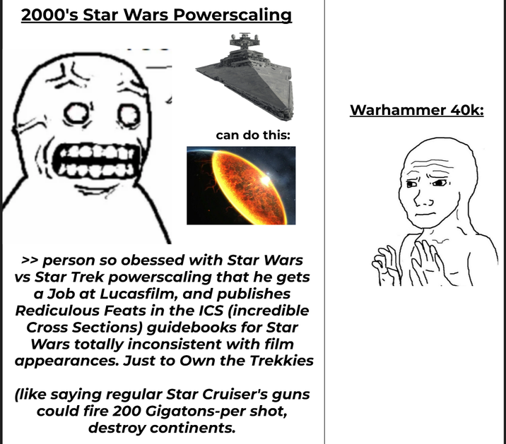 2000's Star Wars Powerscaling can do this: >> person so obessed with Star Wars vs Star Trek powerscaling that he gets a Job at Lucasfilm, and publishes Rediculous Feats in the ICS (incredible Cross Sections) guidebooks for Star Wars totally inconsistent with film appearances. Just to Own the Trekkies (like saying regular Star Cruiser's guns could fire 200 Gigatons-per shot, destroy continents. Warhammer 40k: