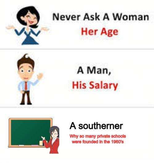 Never Ask A Woman Her Age Л A Man, His Salary A southerner Why so many private schools were founded in the 1960's