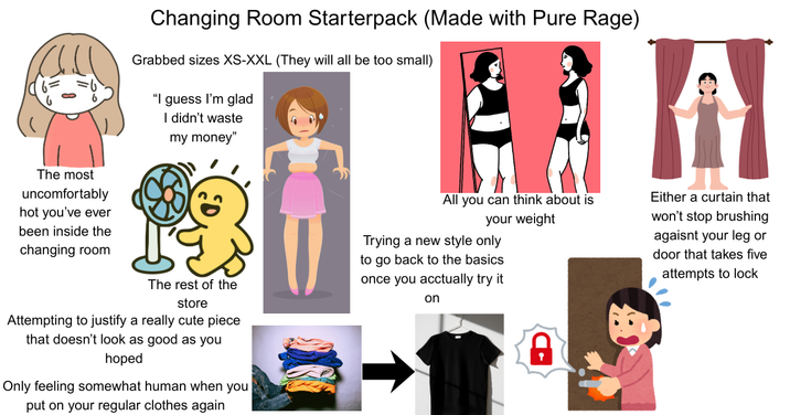 The most uncomfortably hot you've ever Changing Room Starterpack (Made with Pure Rage) Grabbed sizes XS-XXL (They will all be too small) "I guess I'm glad I didn't waste my money" been inside the changing room The rest of the store Attempting to justify a really cute piece that doesn't look as good as you hoped Only feeling somewhat human when you put on your regular clothes again All you can think about is your weight Trying a new style only to go back to the basics. once you acctually try it on Either a curtain that won't stop brushing agaisnt your leg or door that takes five attempts to lock