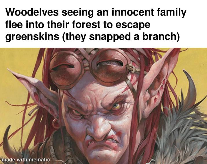 Woodelves seeing an innocent family flee into their forest to escape greenskins (they snapped a branch) made with mematic
