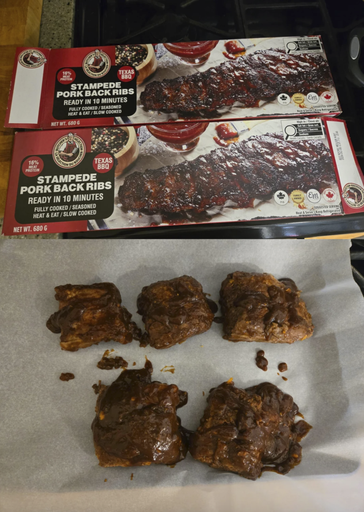 BOUCH SELECT 16% MEAT PROTEIN STAMPEDE TEXAS BBQ PORK BACK RIBS READY IN 10 MINUTES FULLY COOKED/SEASONED HEAT & EAT/SLOW COOKED NET WT. 680 G UTCHER'S 16% MEAT PROTEIN SELECTION UBOUCHE DUT STAMPEDE TEXAS BBQ PORK BACK RIBS READY IN 10 MINUTES FULLY COOKED/SEASONED HEAT & EAT/SLOW COOKED NET WT. 680 G OWNED Em SUGGESTED S Heat&Serve Keen Bed High in/Elevé en Sat fat/Gras sat. Sugars/Sucres Sodium Em SUGGESTED SERVING Heat&Serve Keep Refrigerated
