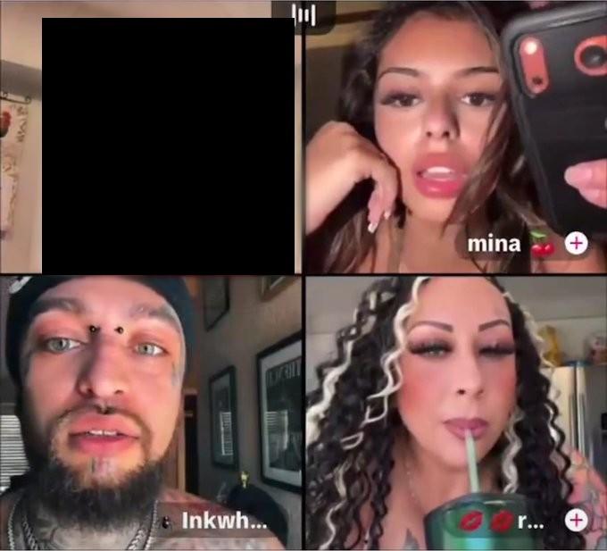 A censored screenshot of Perez Hilton (top left corner) self-harming and claiming he's committing suicide on TikTok LIVE with three others, who are discouraging him from doing so. Hilton is covered in blood and harming himself with a knife.