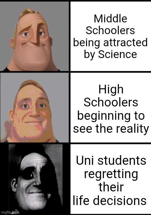 imgflip.com Middle Schoolers being attracted by Science High Schoolers beginning to see the reality Uni students regretting their life decisions