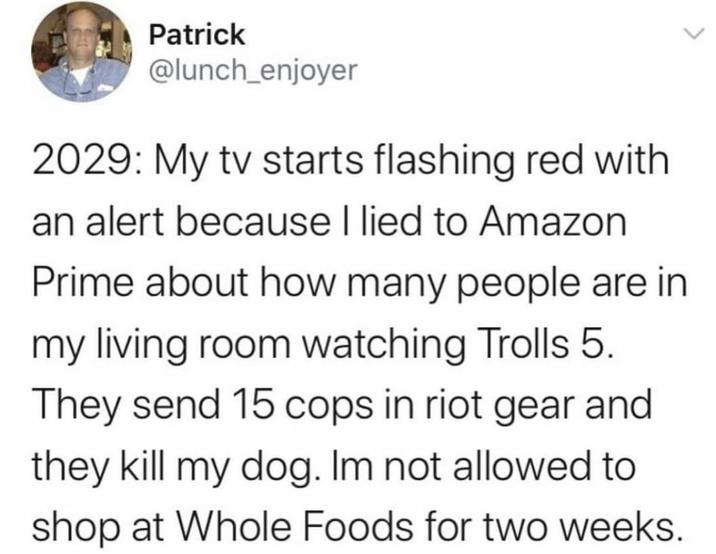 Patrick @lunch_enjoyer 2029: My tv starts flashing red with an alert because I lied to Amazon Prime about how many people are in my living room watching Trolls 5. They send 15 cops in riot gear and they kill my dog. Im not allowed to shop at Whole Foods for two weeks.