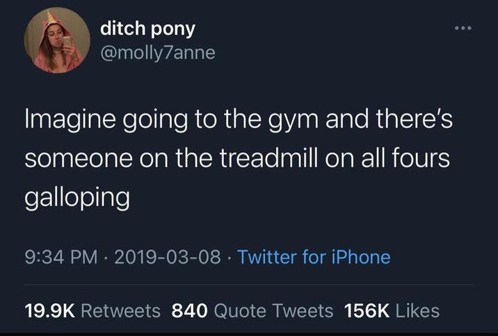 ditch pony @molly7anne Imagine going to the gym and there's someone on the treadmill on all fours galloping 9:34 PM 2019-03-08 Twitter for iPhone • 19.9K Retweets 840 Quote Tweets 156K Likes